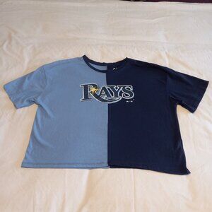 Official Majestic Tampa Bay Rays Tow-Tone Light/Dark Blue large Crop Top T-shirt